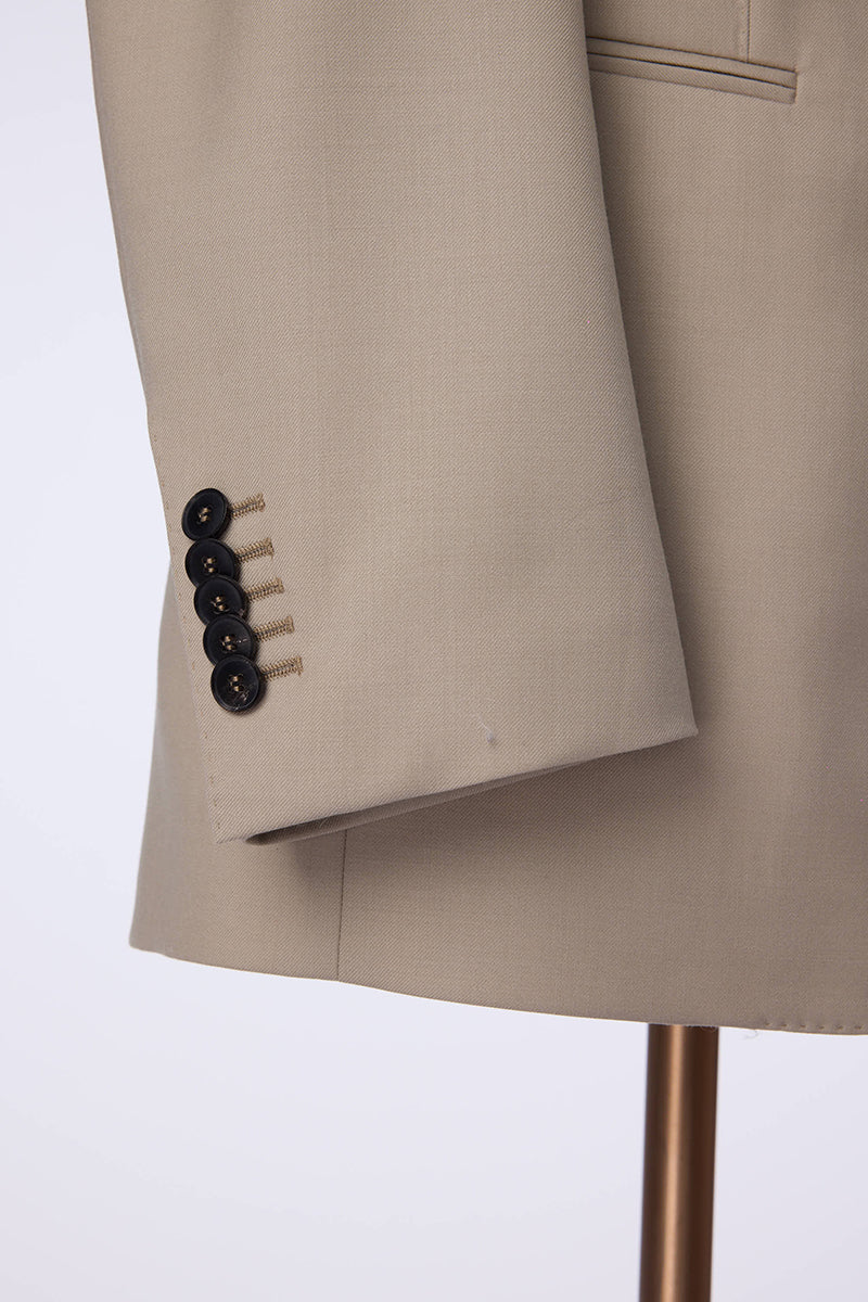 Custom sleeve buttons on tailored khaki wool suit