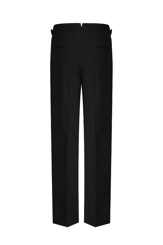 Custom black wool trousers with premium drape and structure