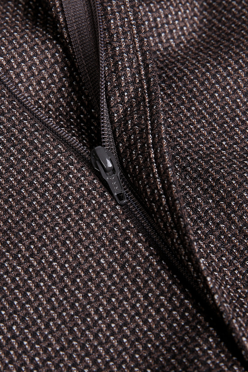 Custom zipper on tailored brown jacquard trousers