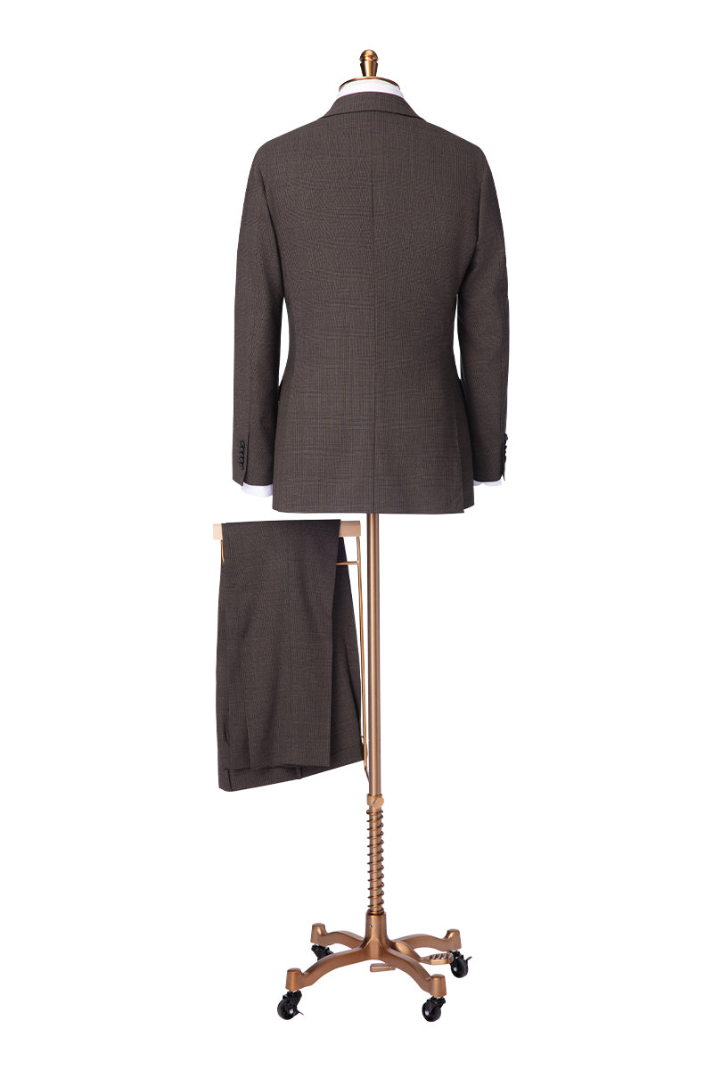 Brown performance plaid suit styled for wedding or business attire