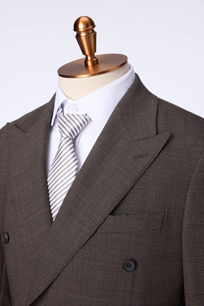 Custom lapel and buttons on tailored brown performance plaid suit