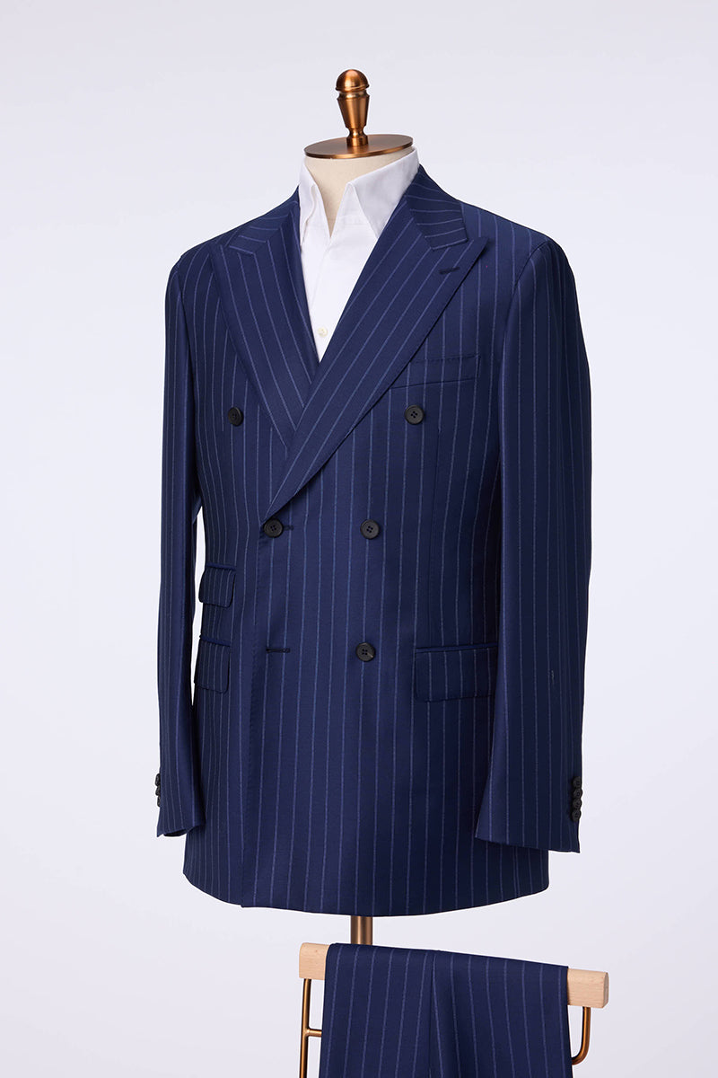 Custom navy pinstripe suit with premium fabric and double-breasted design