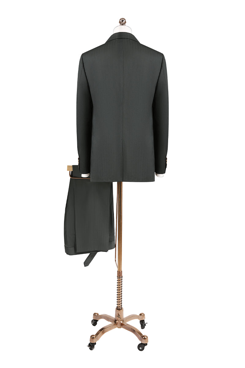 Forest green herringbone suit styled for wedding or business attire