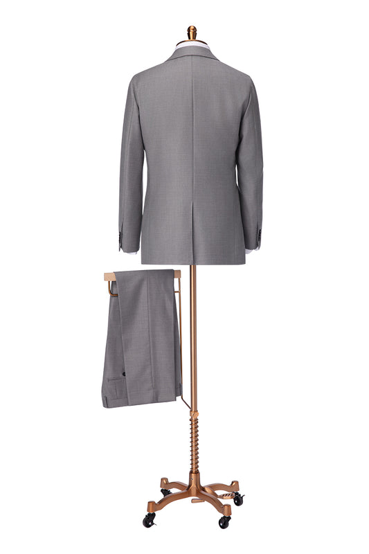 Light grey silk blend suit styled for wedding or business attire