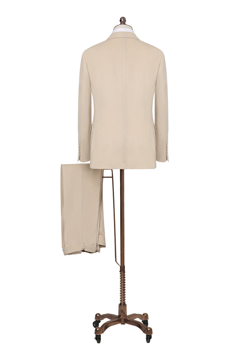 Light khaki camel hair and silk suit styled for wedding or business