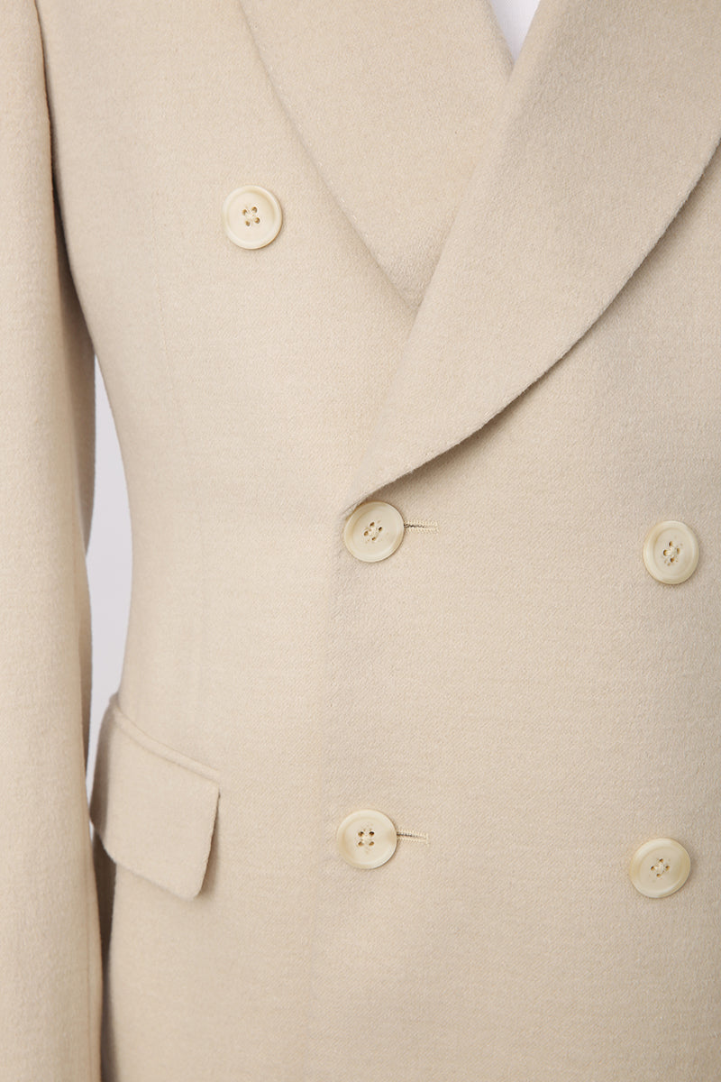 Custom light khaki suit in camel hair and silk blend with premium drape