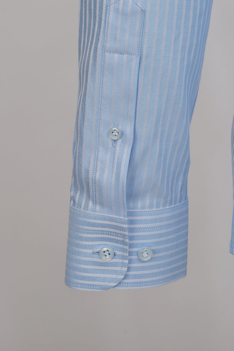Custom sleeve and buttons on tailored light blue stripe shirt