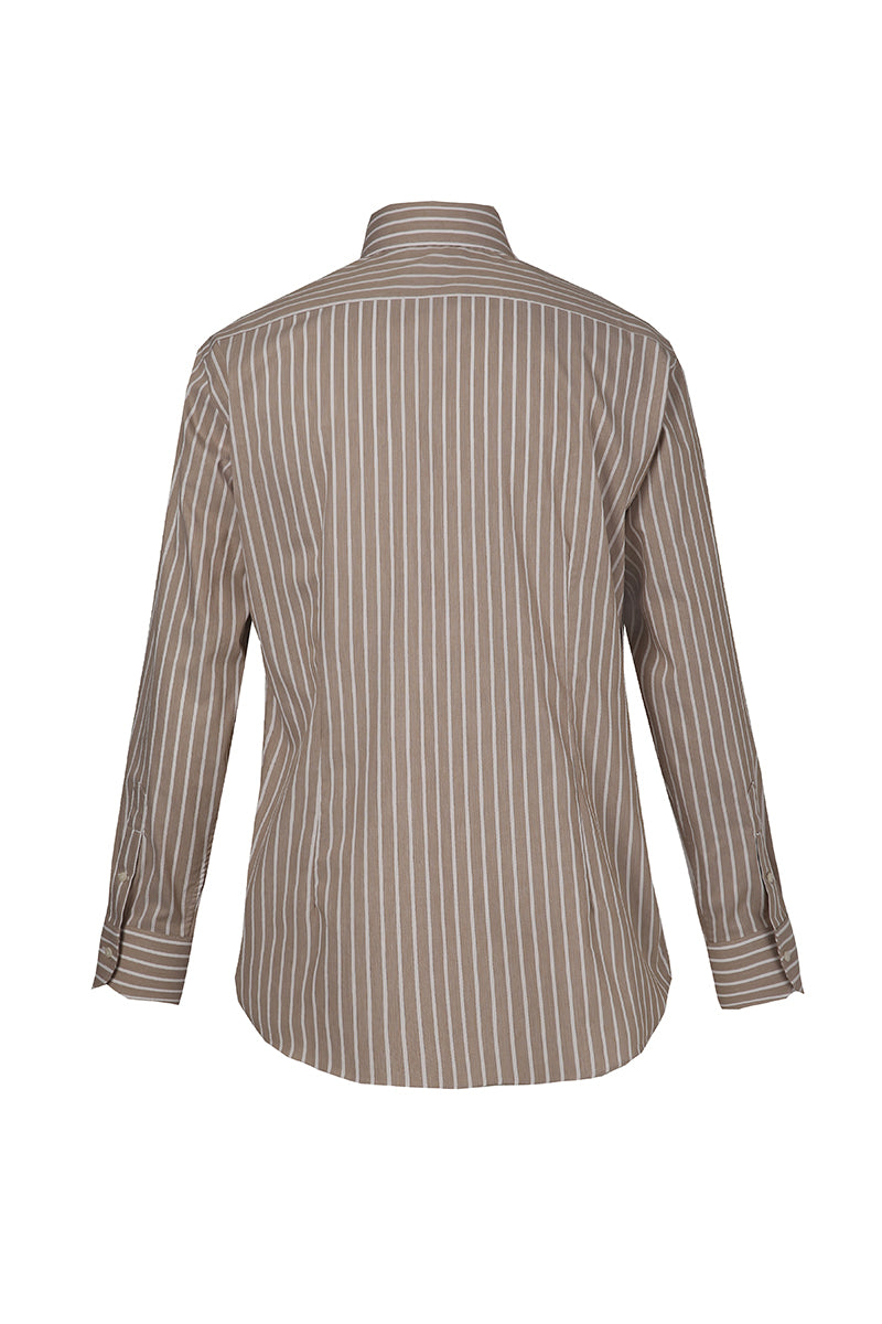 Light brown striped shirt styled for business or wedding attire