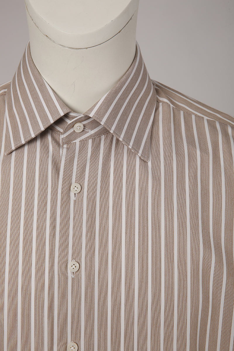 Custom collar and buttons on tailored light brown striped shirt