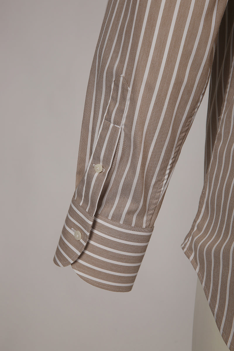 Custom sleeve & buttons on tailored light brown striped shirt