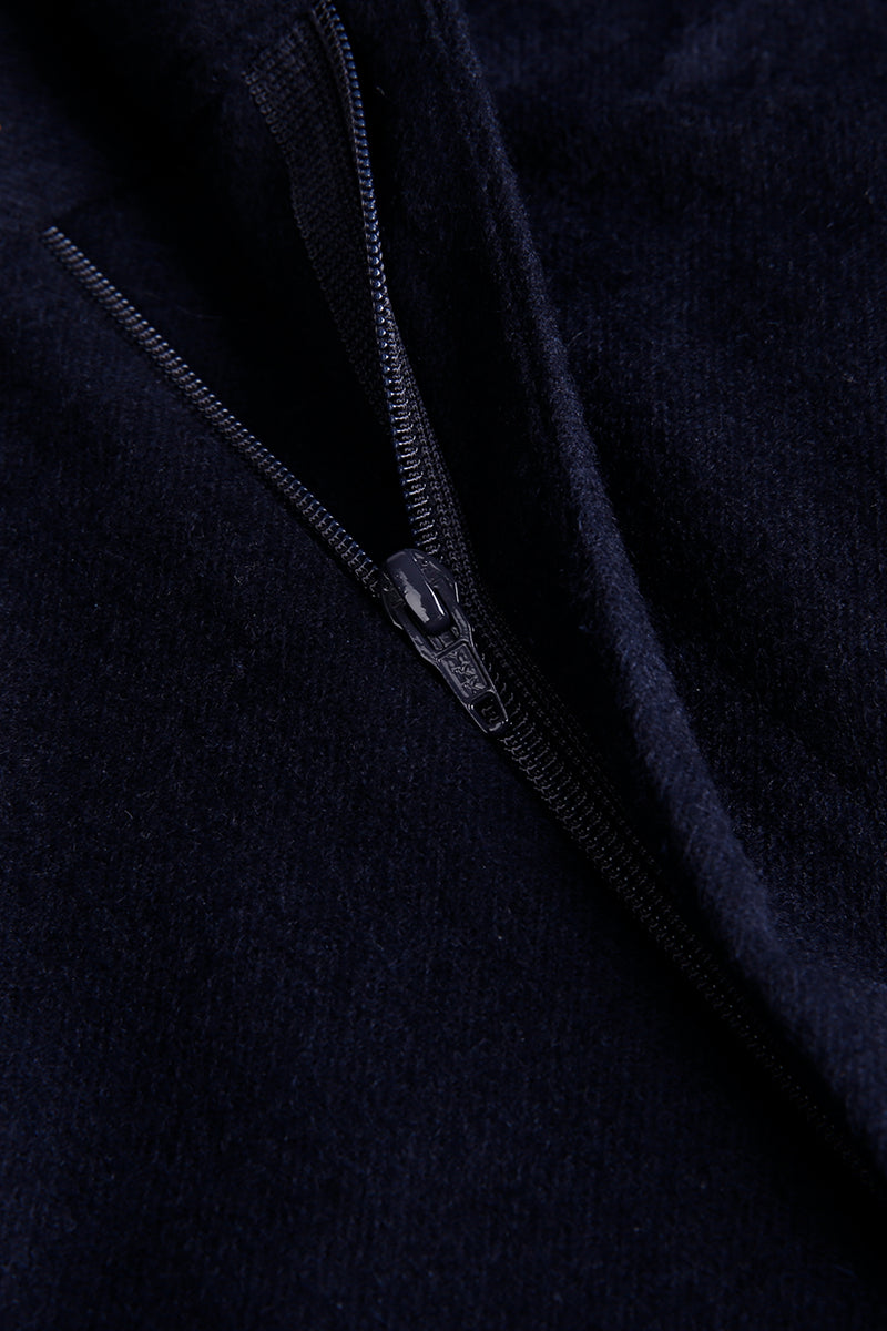 Custom zipper on tailored navy blue cashmere trousers