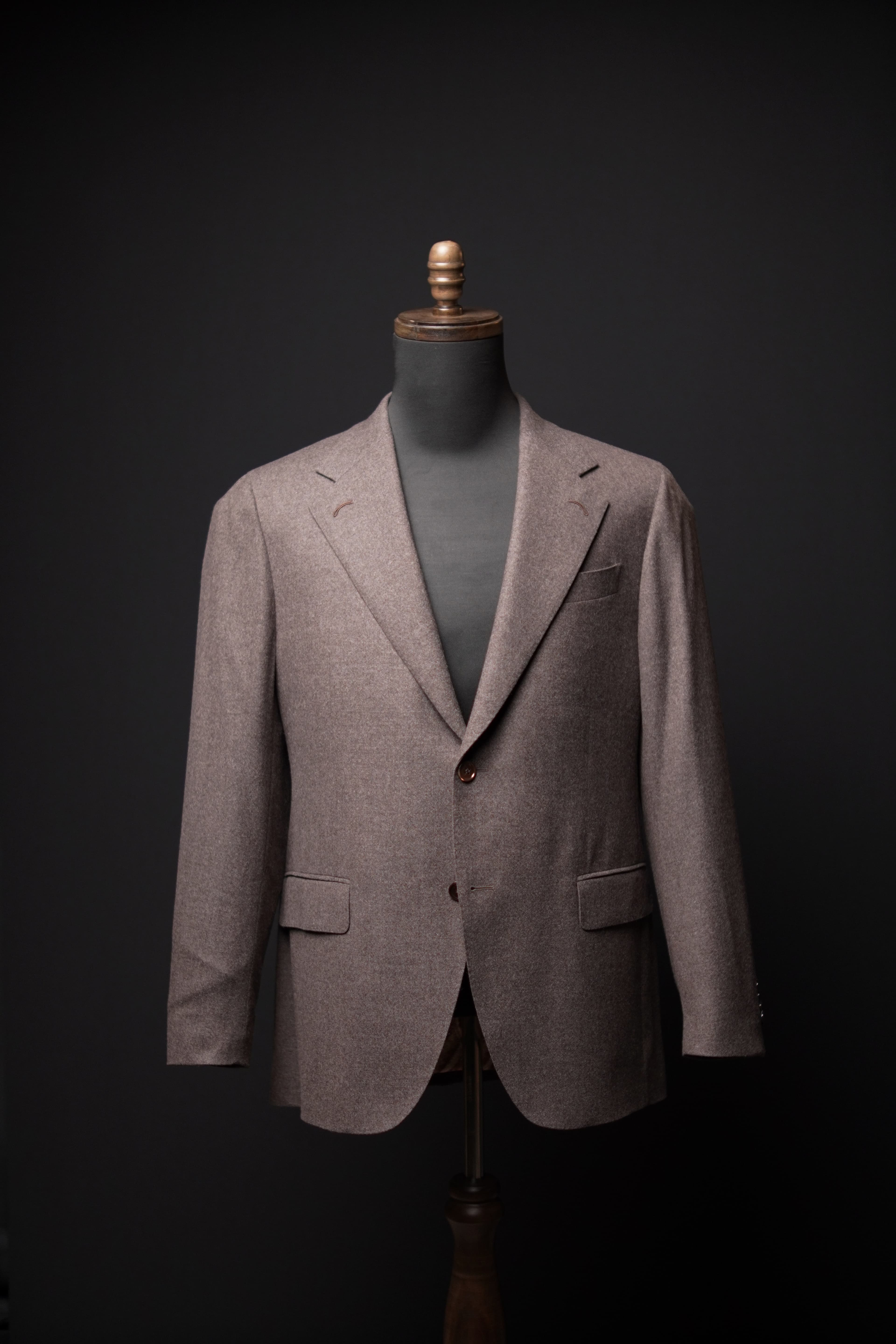 Oatmeal/taupe flannel · single-breasted · two-button · notch lapel