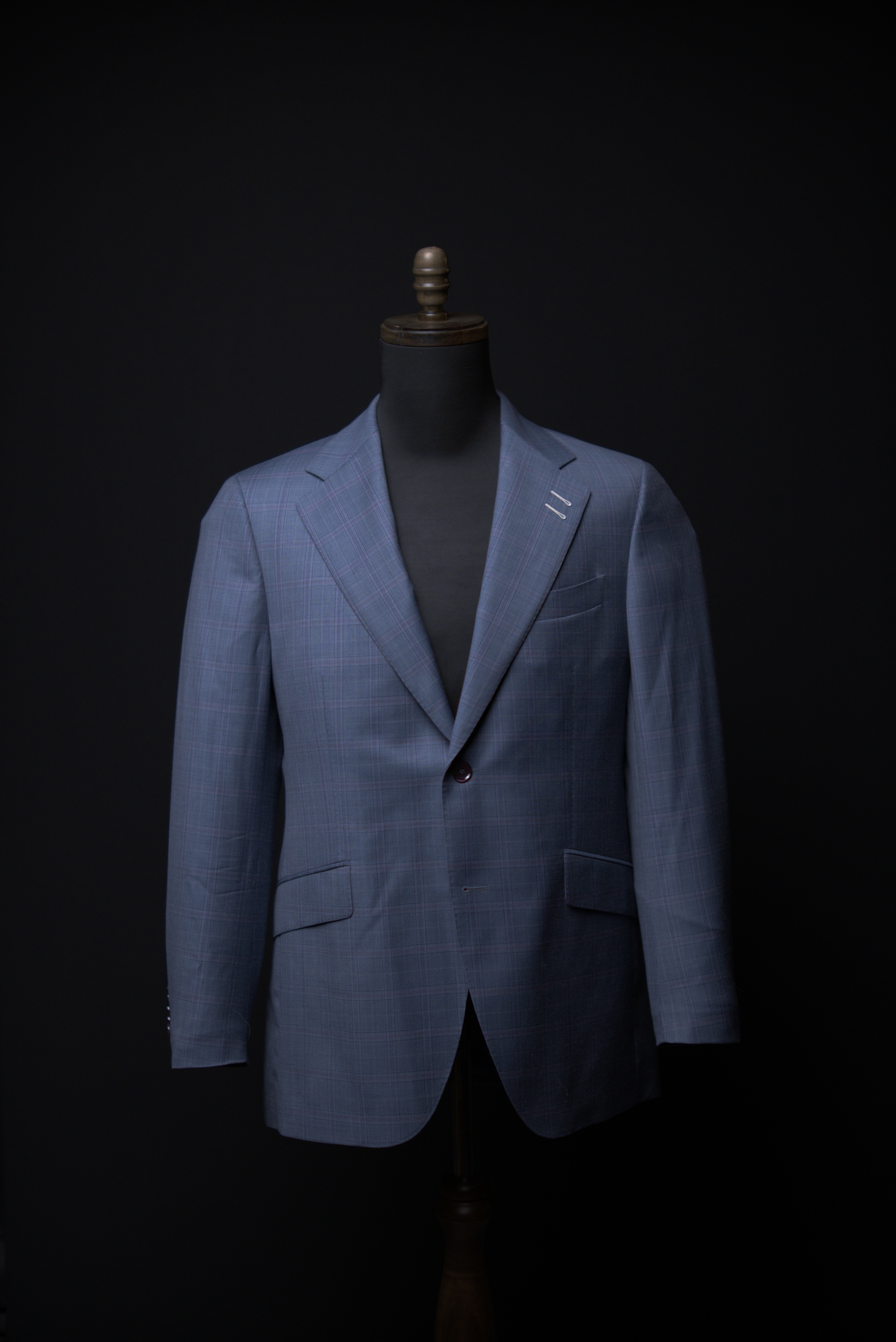 Steel blue glen plaid with rose overcheck · single-breasted · two-button · notch lapel