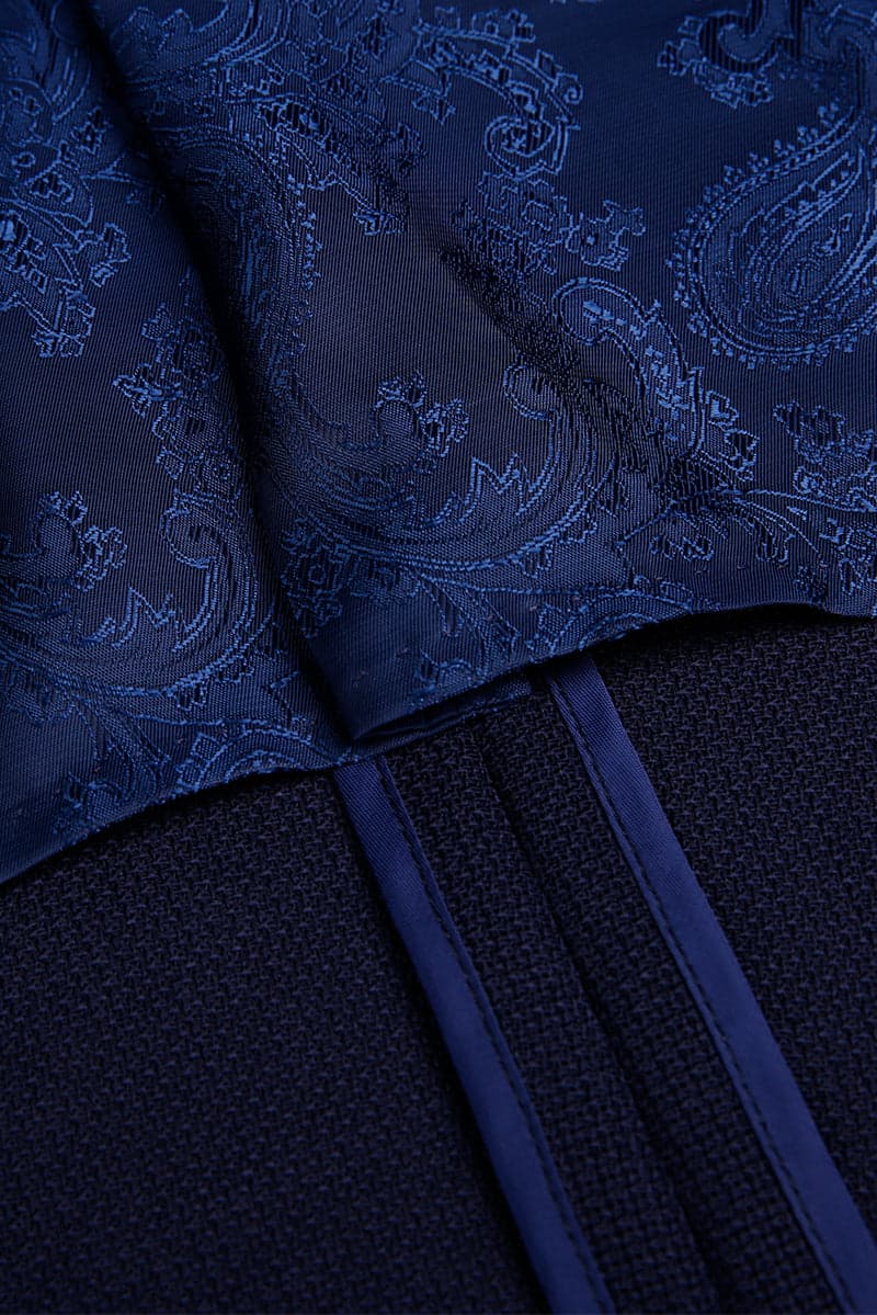 Paisley silk lining inside navy jacket