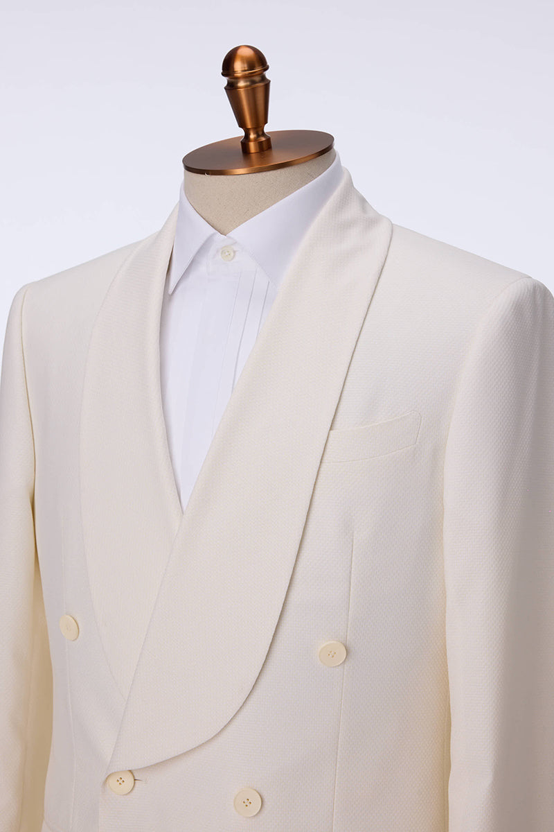 Custom shawl lapel and buttons on tailored ivory tuxedo