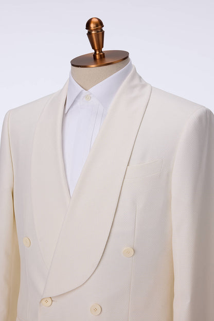 Custom shawl lapel and buttons on tailored ivory tuxedo