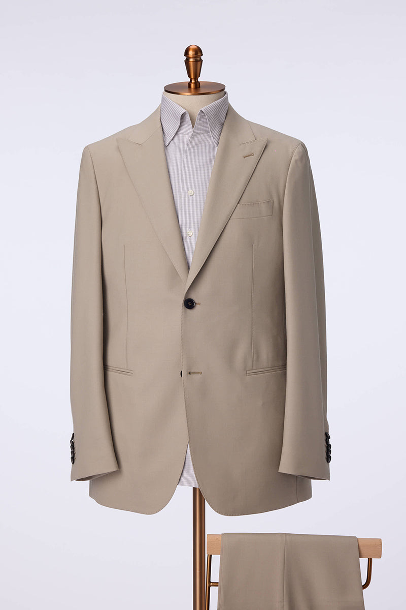 Custom khaki wool suit with premium fabric and drape