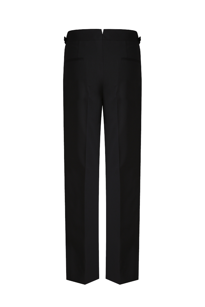 Custom black wool trousers with premium drape and structure