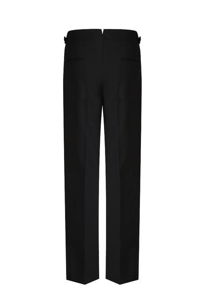 Custom black wool trousers with premium drape and structure