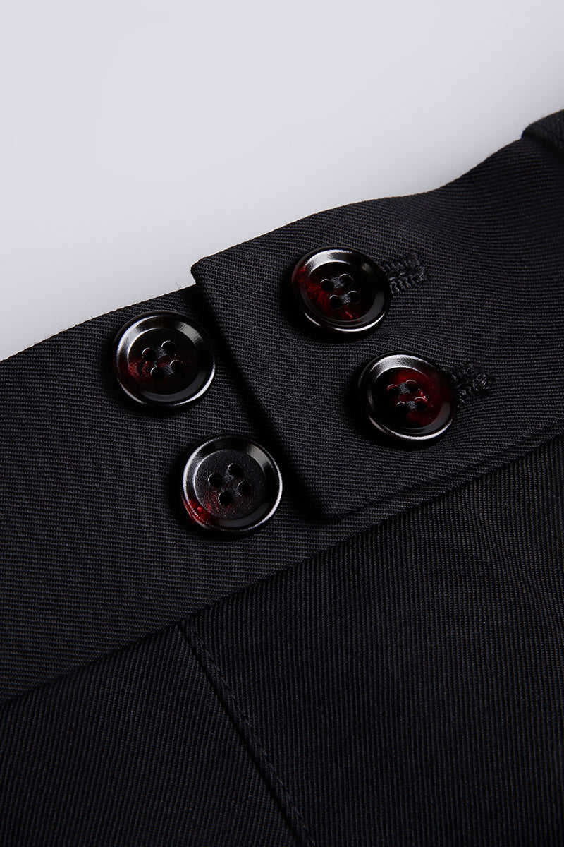 Custom waistband and buttons on tailored black wool trousers