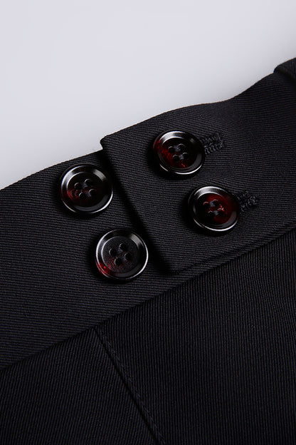 Custom waistband and buttons on tailored black wool trousers