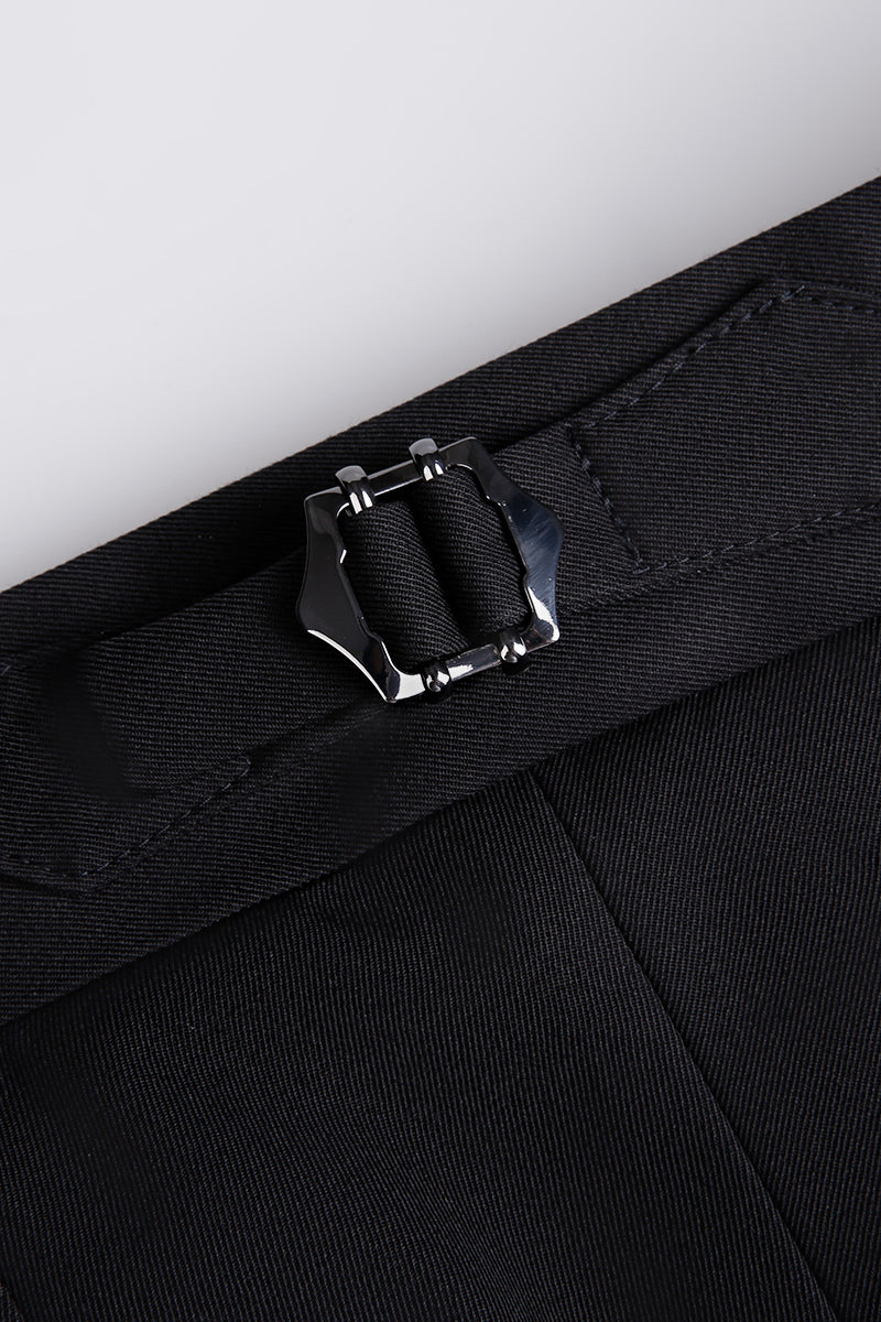 Luxury black wool fabric texture with custom belt buckle on bespoke men’s dress pants