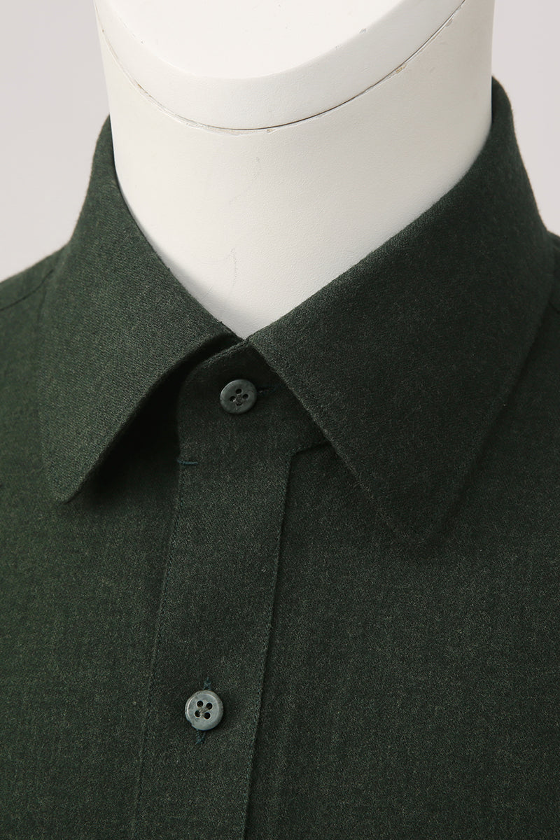 Custom collar and buttons on tailored dark green shirt