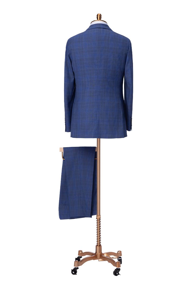 Blue plaid suit styled for wedding or business attire