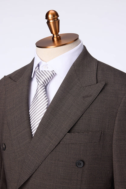 Custom lapel and buttons on tailored brown performance plaid suit