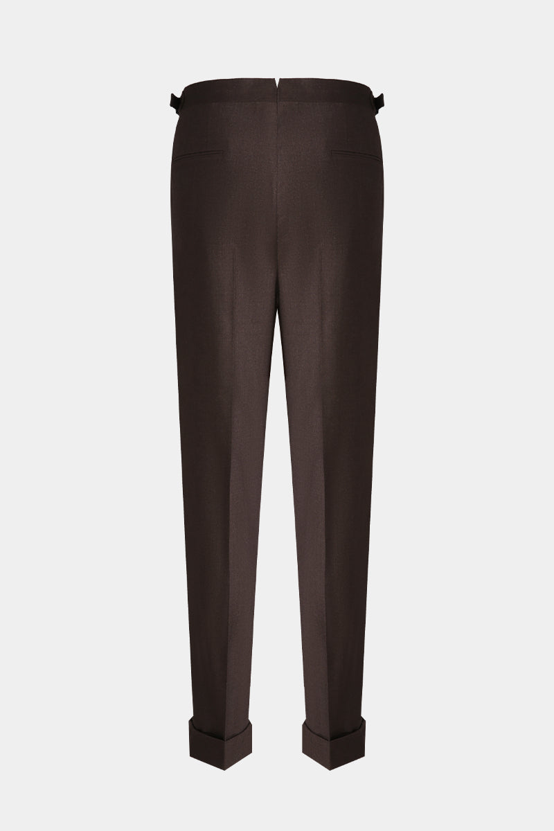 Custom coffee brown wool flannel trousers with premium texture