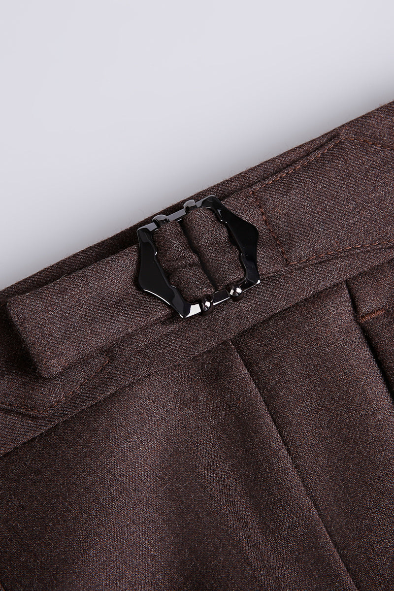 Luxury wool flannel fabric texture and custom waist adjuster on bespoke coffee pants