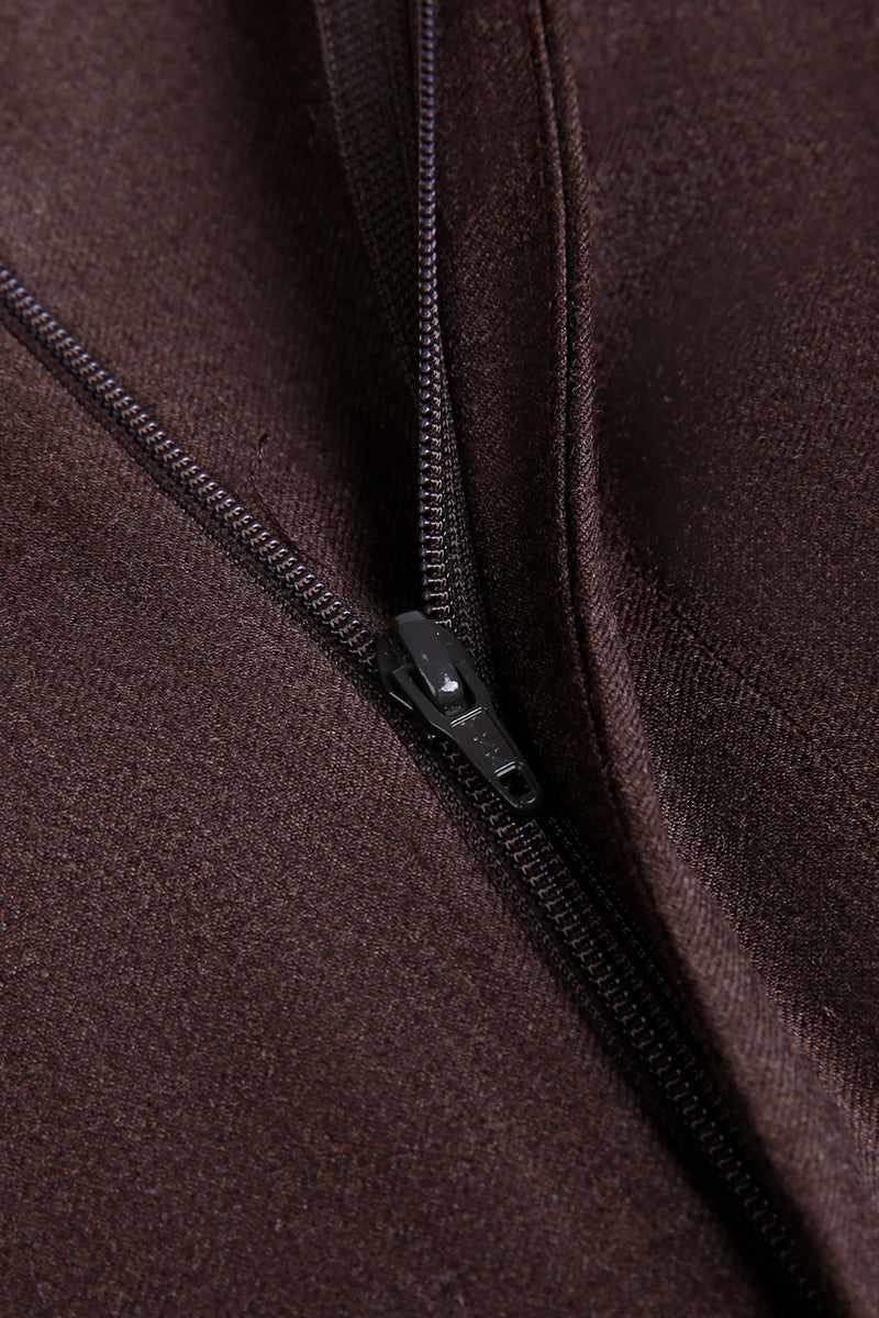 Custom waistband zipper on tailored coffee wool flannel trousers