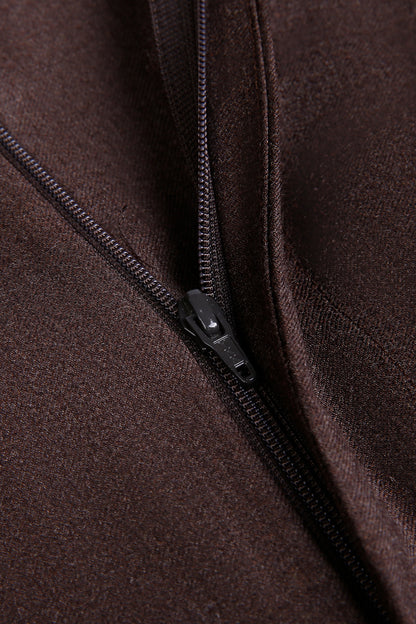 Custom waistband zipper on tailored coffee wool flannel trousers