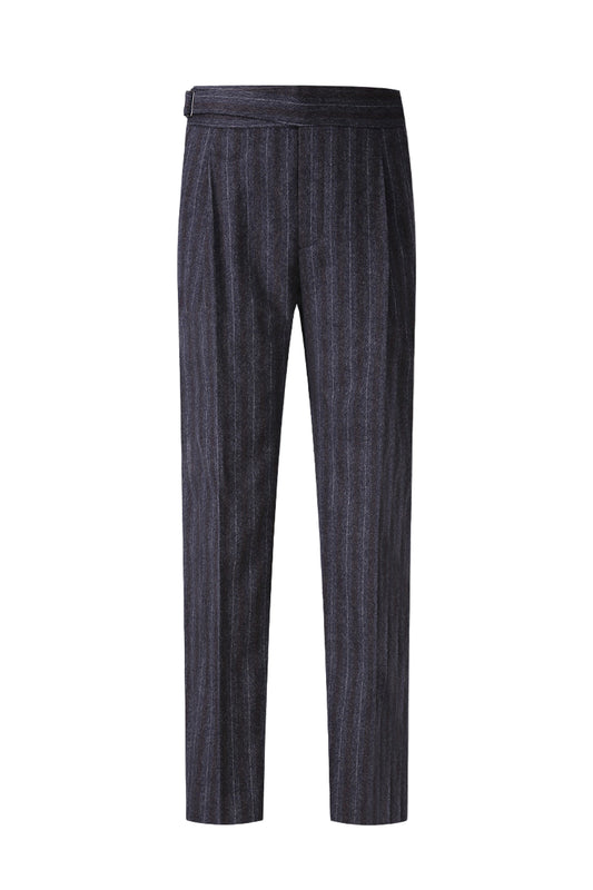 Bespoke dark grey pinstripe cashmere blend pants – luxury men’s fashion with custom tailored fit