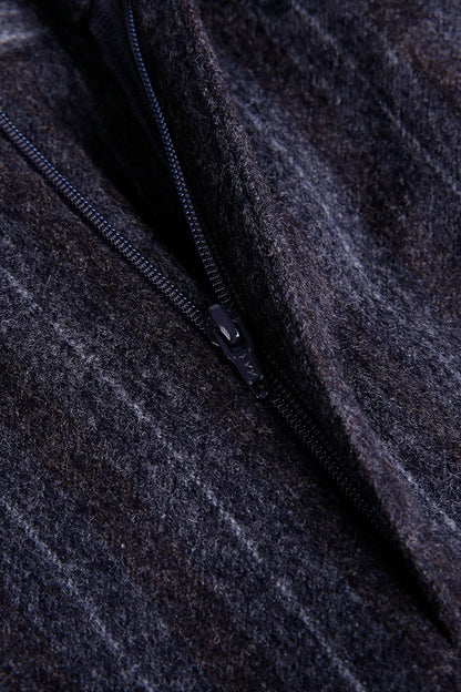 Custom zipper on tailored grey pinstripe trousers