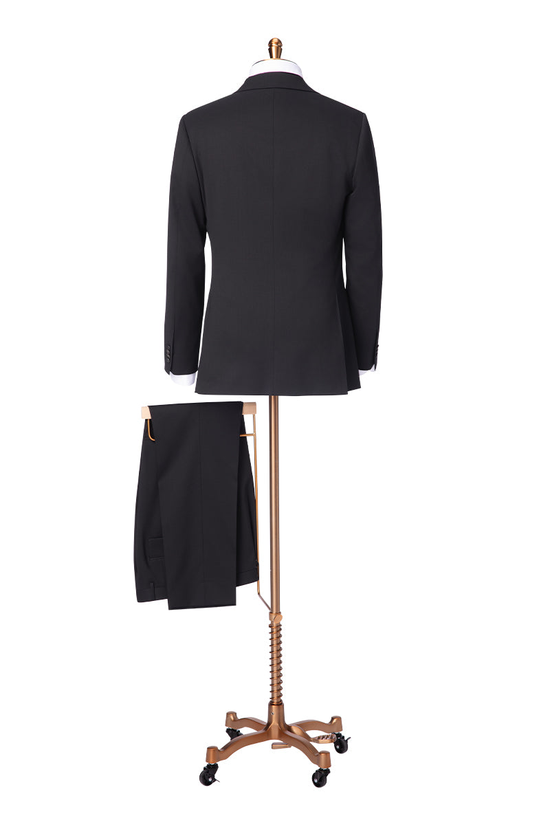 Double-breasted performance black suit styled for business or formalwear