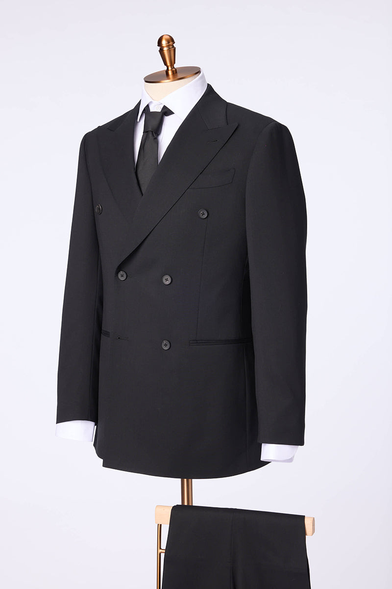Custom double-breasted black performance suit with premium stretch fabric