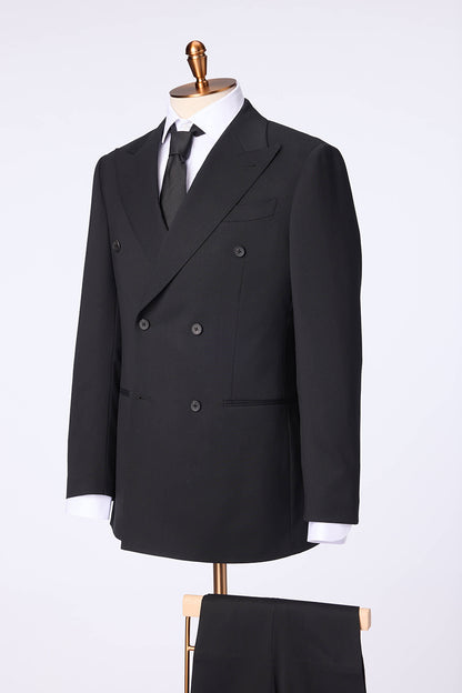 Custom double-breasted black performance suit with premium stretch fabric