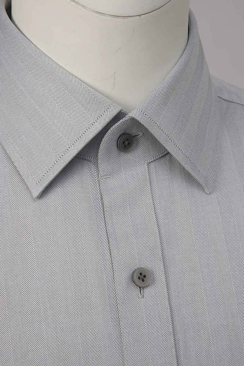 Custom collar and buttons on tailored grey herringbone shirt