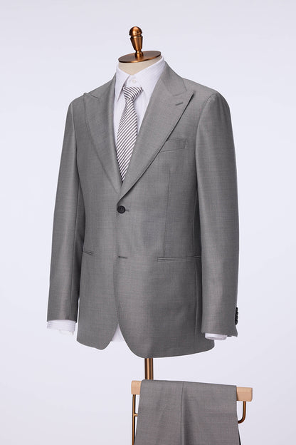 Custom light grey silk blend suit with premium sheen