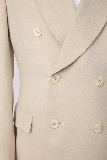 Custom light khaki suit in camel hair and silk blend with premium drape