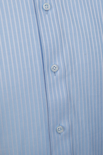 Luxury cotton  fabric with light blue stripe pattern on bespoke shirt
