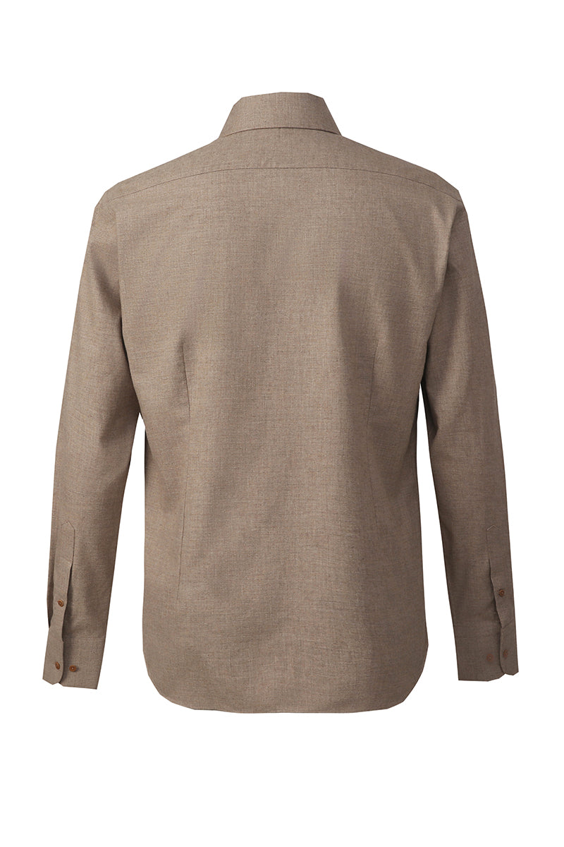 Light brown yak wool shirt styled for business casual attire