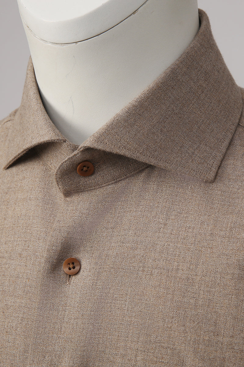 Custom collar and buttons on tailored yak wool shirt