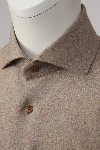 Custom collar and buttons on tailored yak wool shirt
