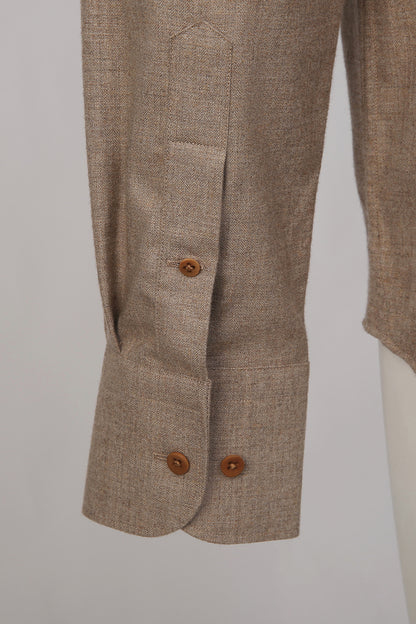 Custom sleeve buttons on tailored yak wool shirt