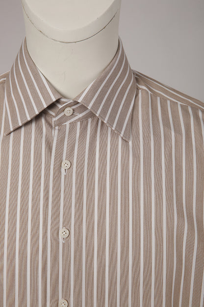 Custom collar and buttons on tailored light brown striped shirt