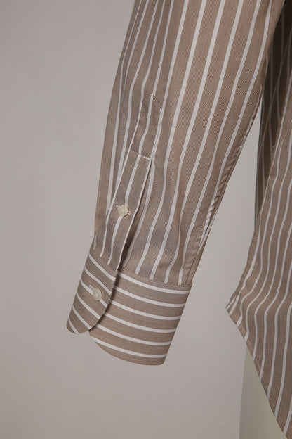 Custom sleeve & buttons on tailored light brown striped shirt