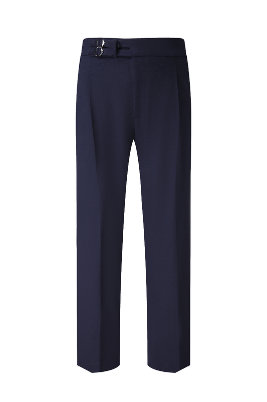 Custom navy blue cashmere and silk trousers with premium drape