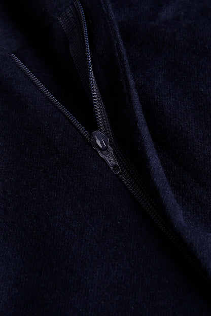 Custom zipper on tailored navy blue cashmere trousers